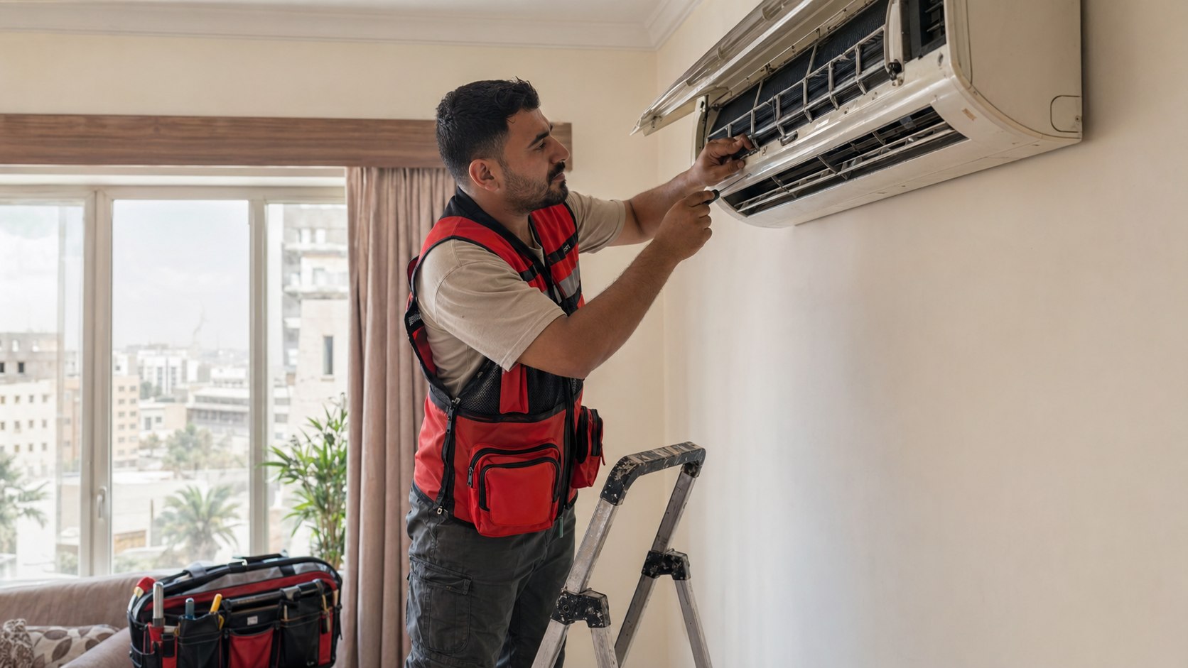 Khadamaty technician repairing a home air conditioner in Iraq