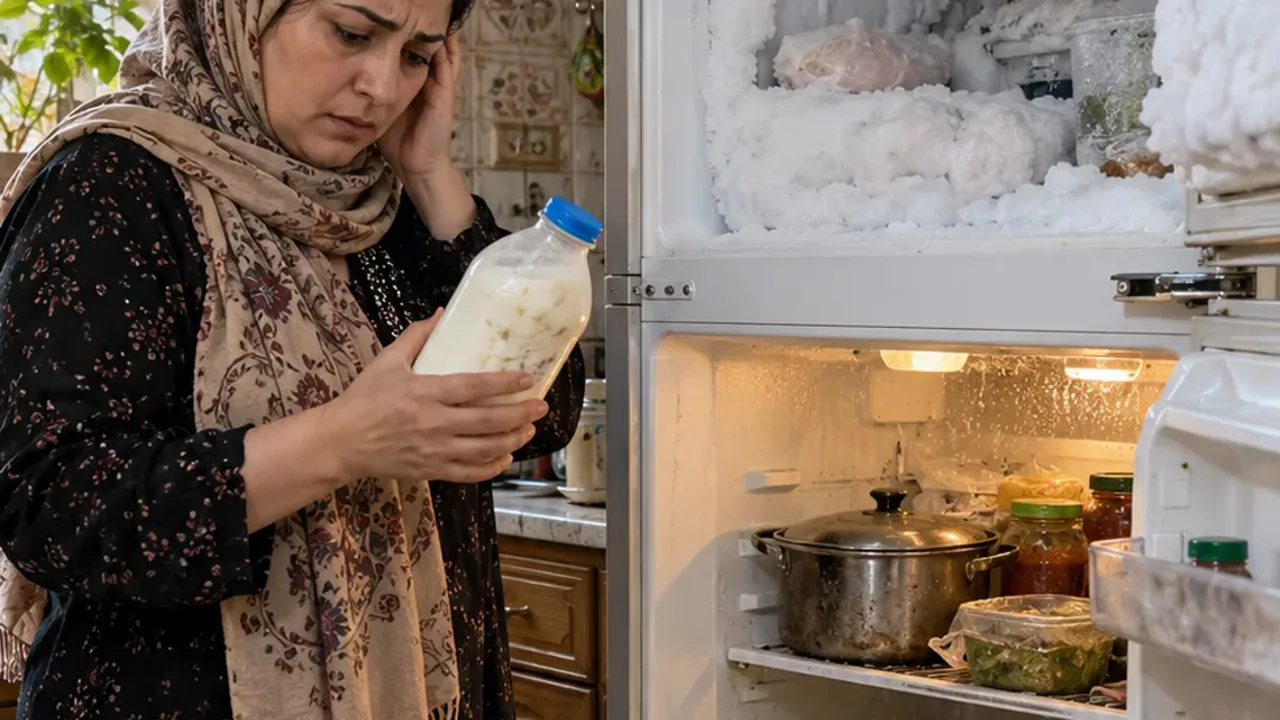 ثلاجة بخاخ مفتوحة، الفريزر مجمّد والخضرة بقسم الثلاجة ذابلة