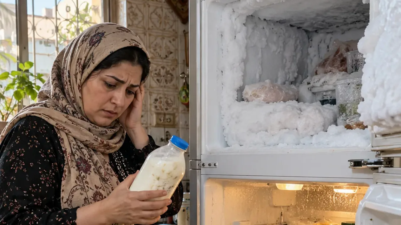 امرأة بمطبخ عراقي تشوف حليب خربان قدام ثلاجة فريزرها مثلج وقسم الثلاجة دافي