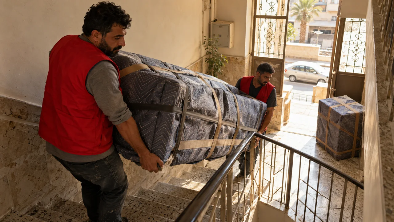 فريق نقل أثاث يغلّف قنفة قبل تحميلها بالشاحنة