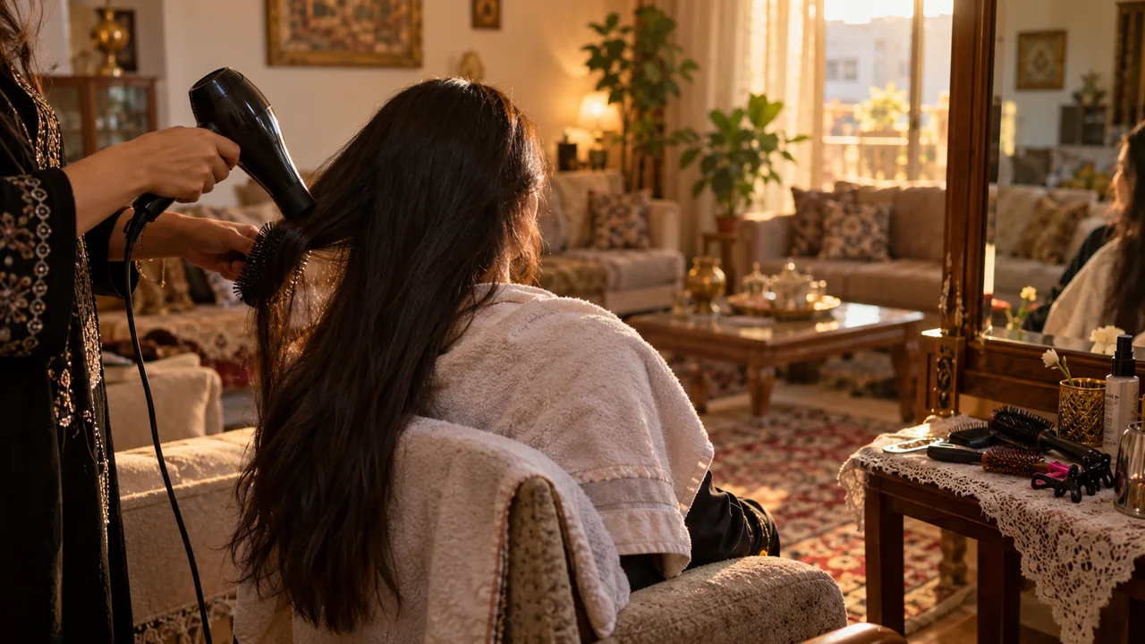A hairdresser blow-drying a woman's hair in the woman's living room
