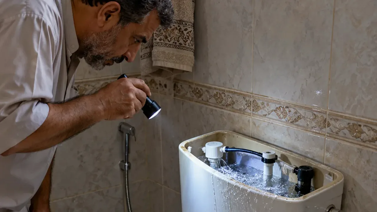 رجل يشوف بكشاف داخل سيفون مقعد غربي فايض مي